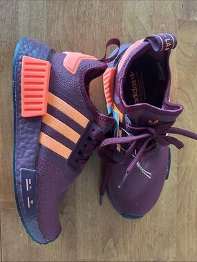 Adidas NMD_R1 W burgundy sneakers with orange accents size 6.5